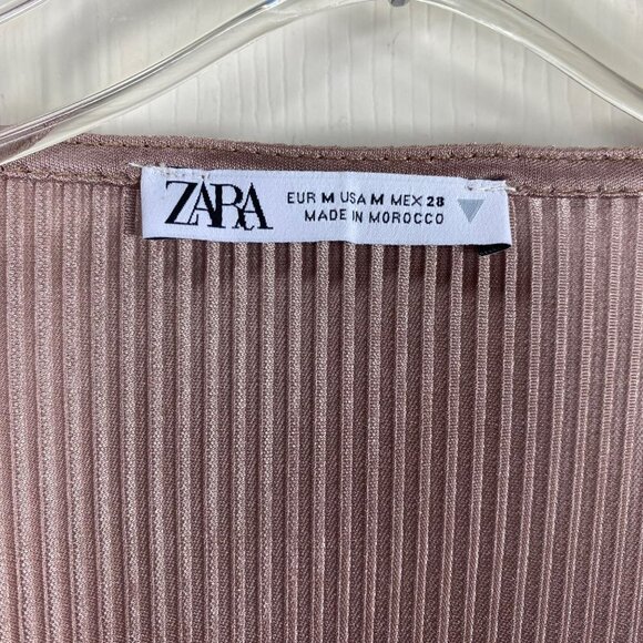 Zara Pleated V Neck Long Sleeve Ribbed Metallic Taupe Top Size Medium - Picture 11 of 12